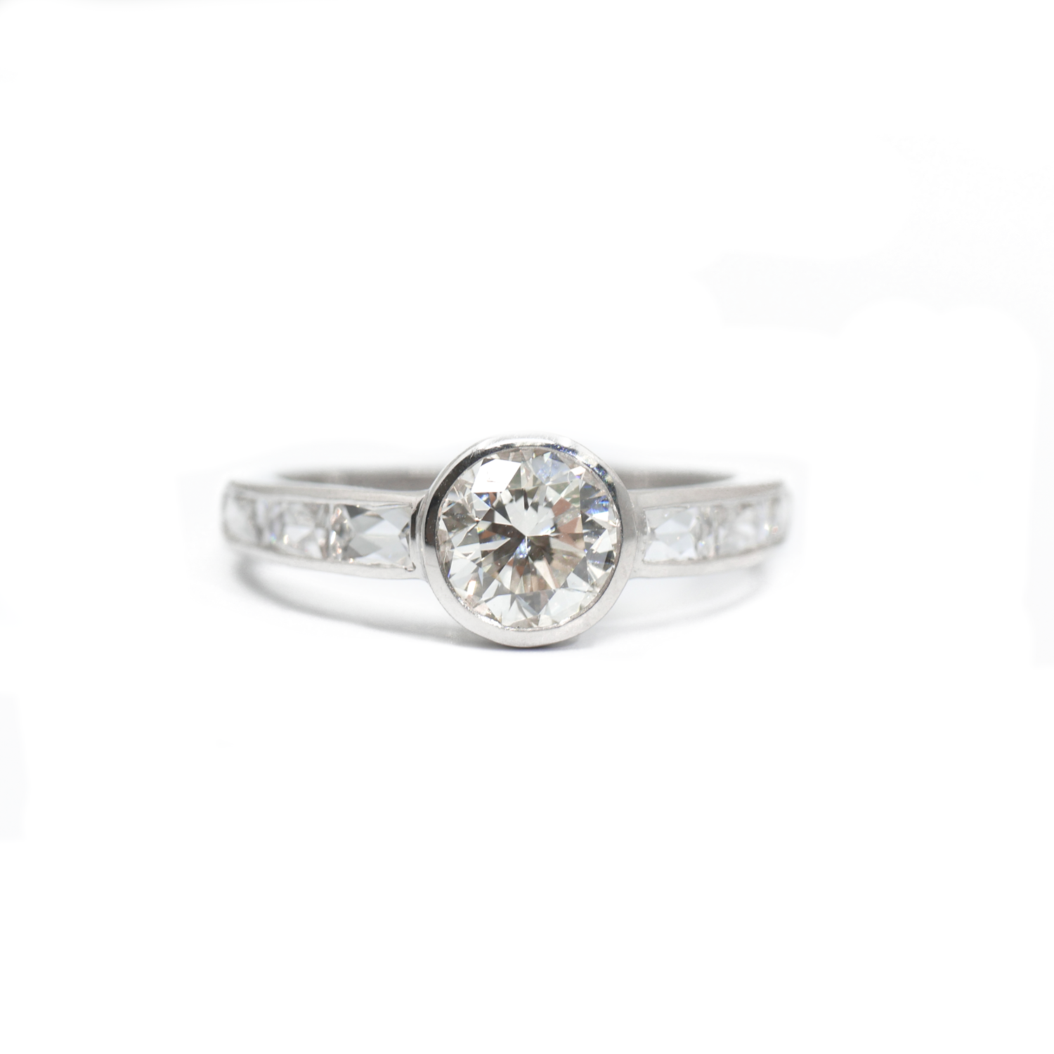 Custom Bezel Set Diamond Ring with French Cut Diamond Accents