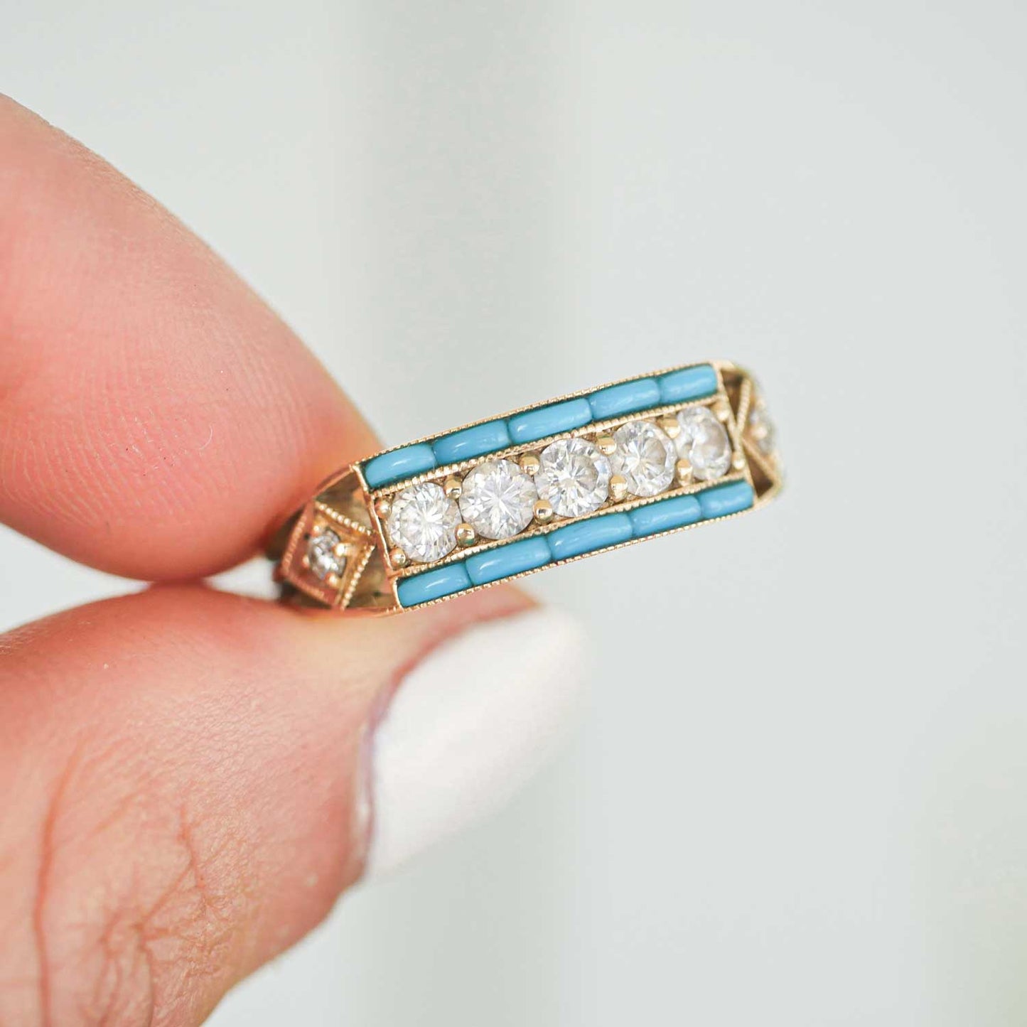 Art Deco Five Diamond Ring with Turquoise