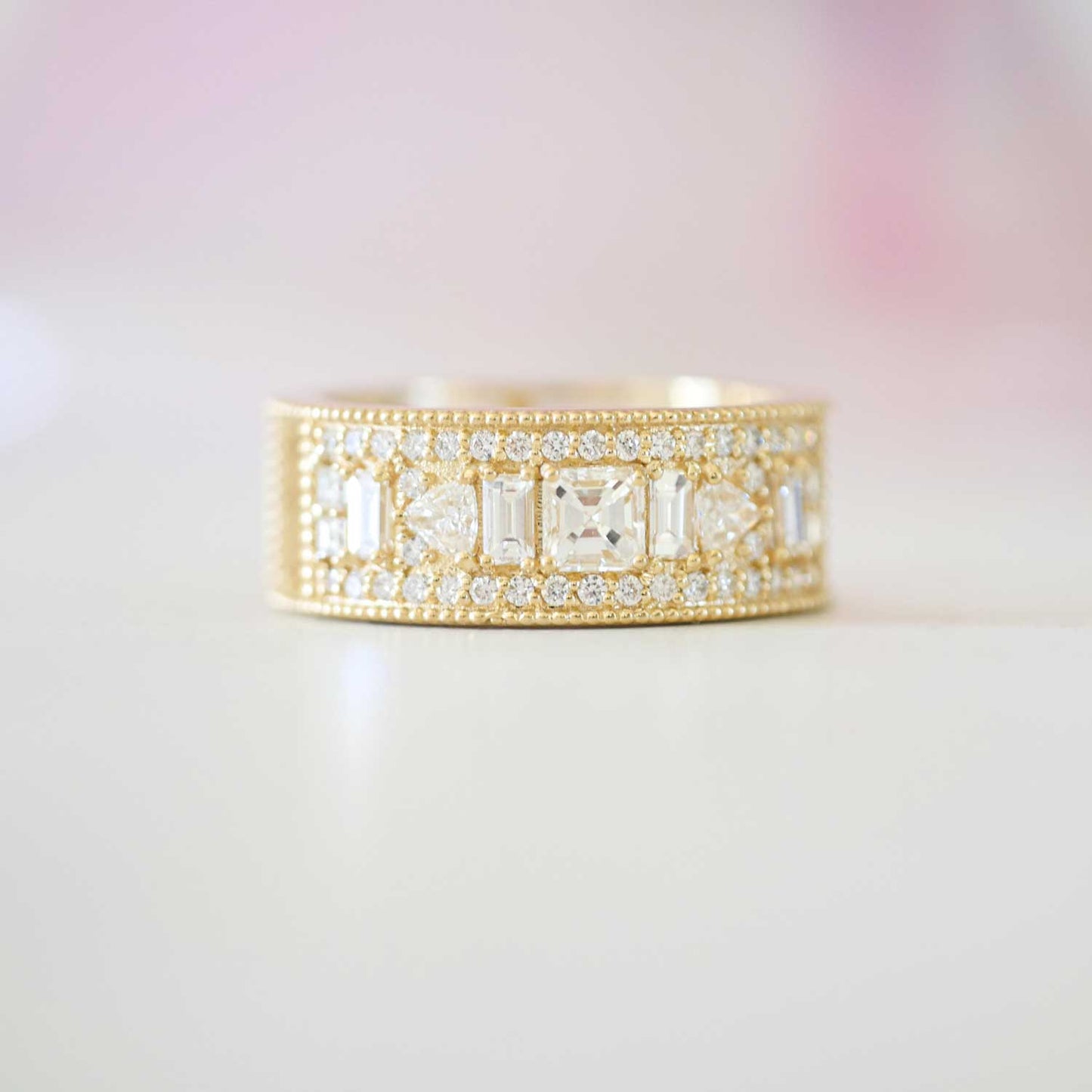 Asscher Cut Wide Diamond Mosaic Ring