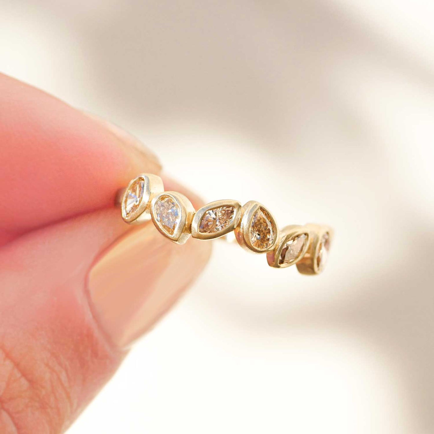 Custom Falling Leaves Champagne Diamond Bezel Ring