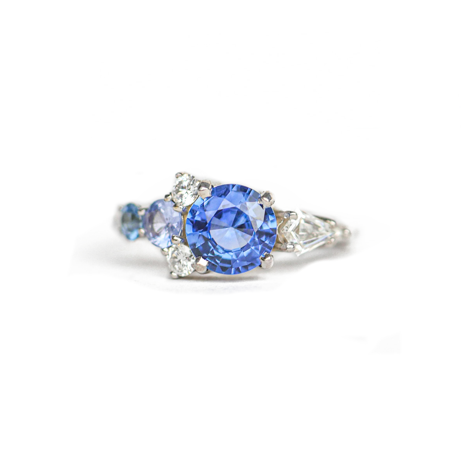 Custom Round Blue Sapphire & Diamond Cluster Mosaic Engagement Ring