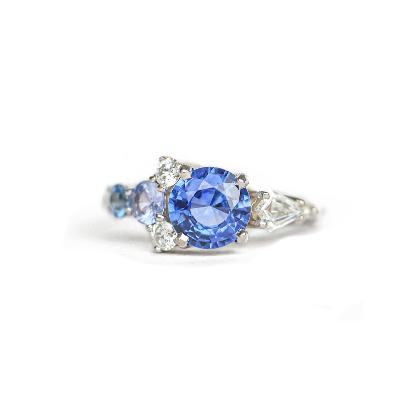 Custom Round Blue Sapphire & Diamond Cluster Mosaic Engagement Ring