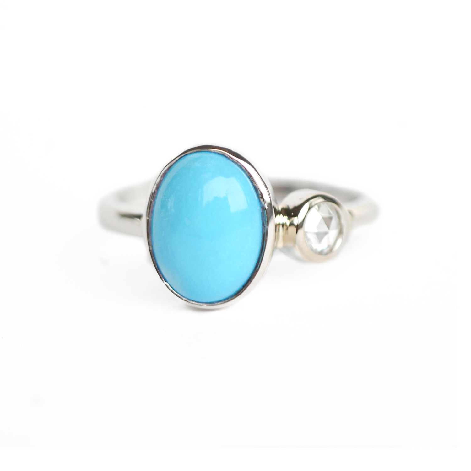 Custom Oval Turquoise & Rose Cut Diamond Engagement Ring