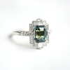Custom Blue Green Emerald Cut Sapphire Deco Halo Engagement Ring