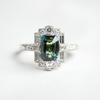 Custom Blue Green Emerald Cut Sapphire Deco Halo Engagement Ring