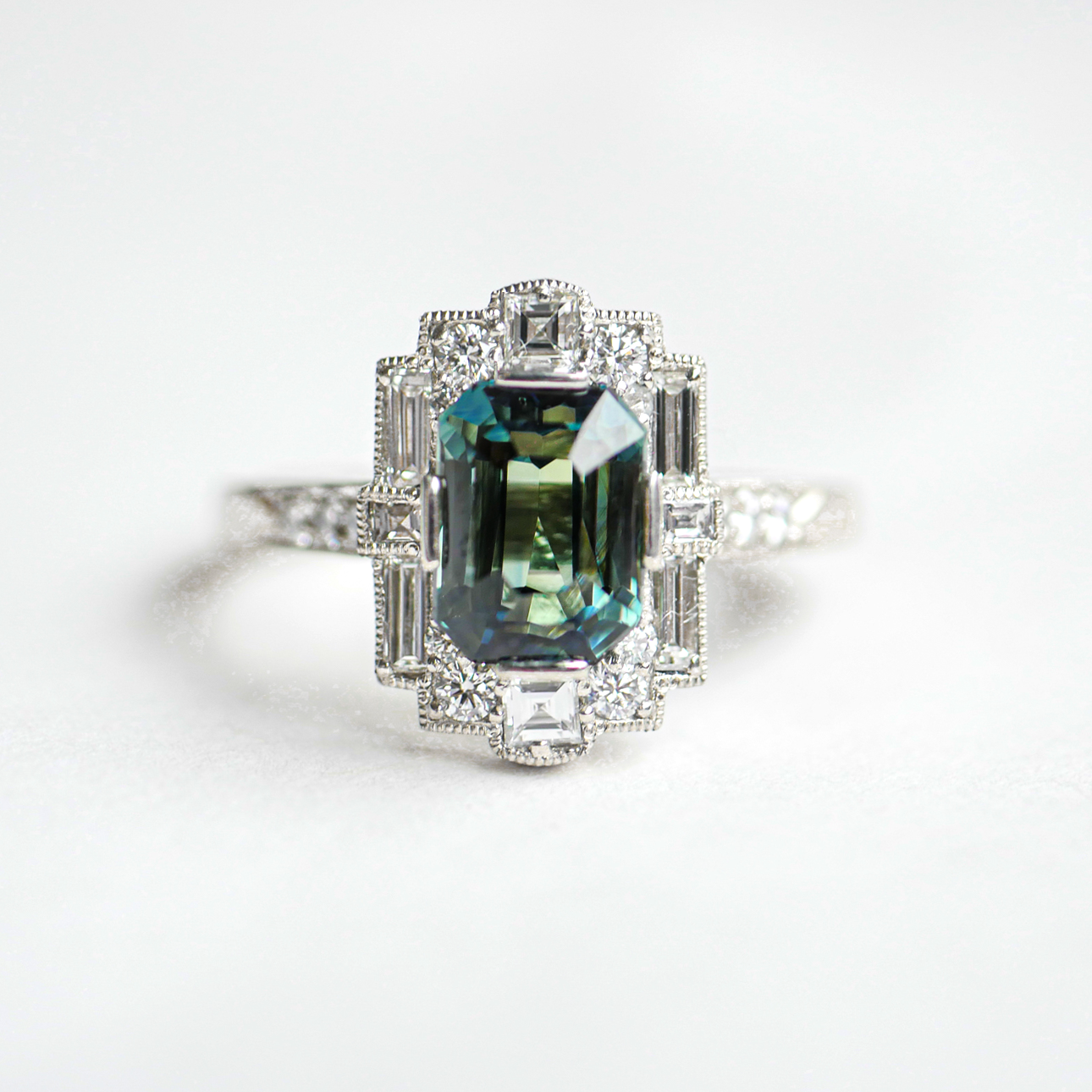 Custom Blue Green Emerald Cut Sapphire Deco Halo Engagement Ring
