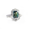 Custom Blue Green Emerald Cut Sapphire Deco Halo Engagement Ring