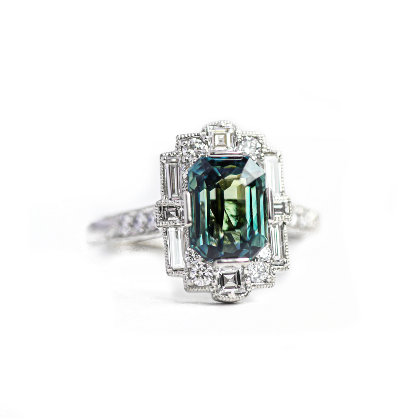 Custom Blue Green Emerald Cut Sapphire Deco Halo Engagement Ring