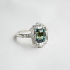 Custom Blue Green Emerald Cut Sapphire Deco Halo Engagement Ring