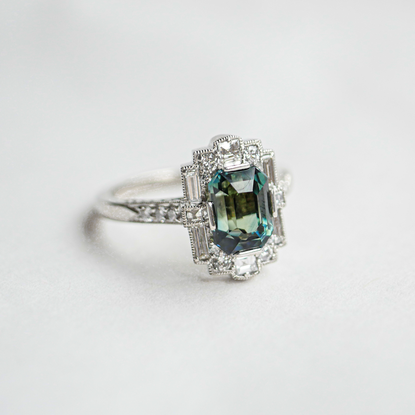 Custom Blue Green Emerald Cut Sapphire Deco Halo Engagement Ring