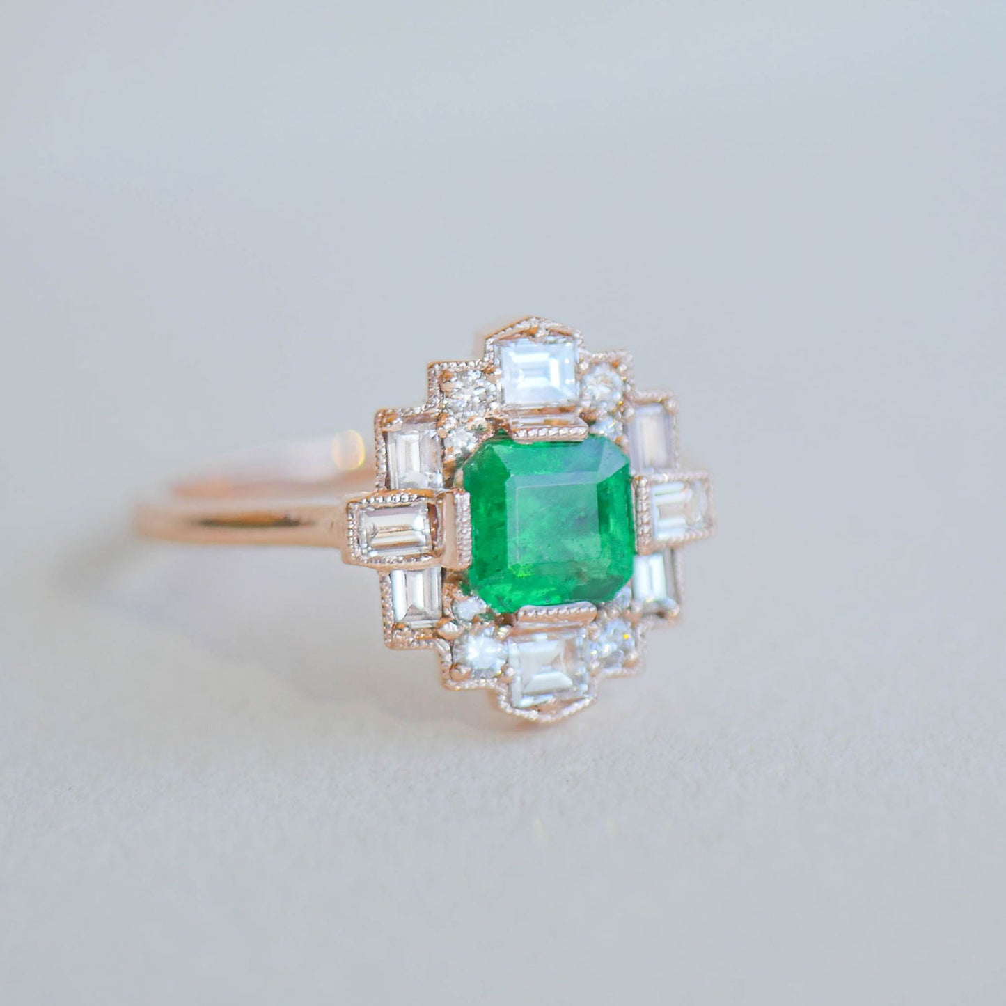 Custom Deco Asscher Diamond Mosaic Ring with Emerald