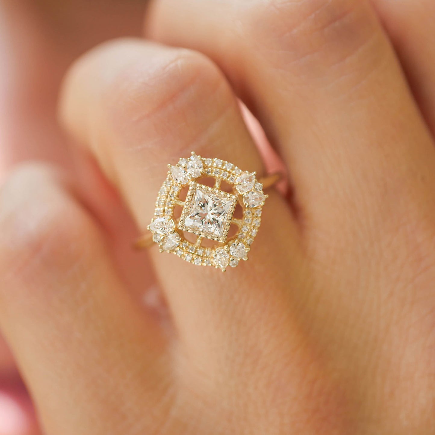 Custom Lilibird Diamond Mosaic Ring Princess Cut Center