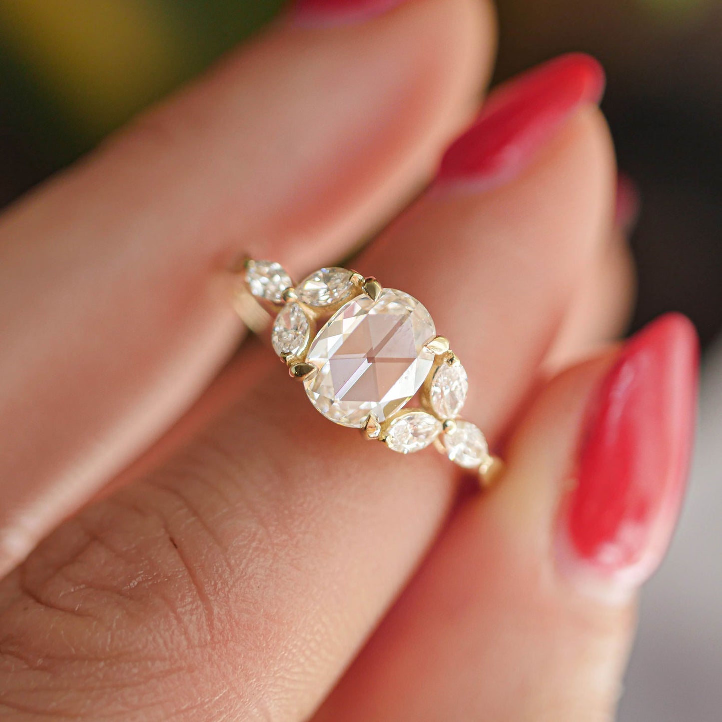 Oval Rose Cut Diamond & Marquise Diamond Ring