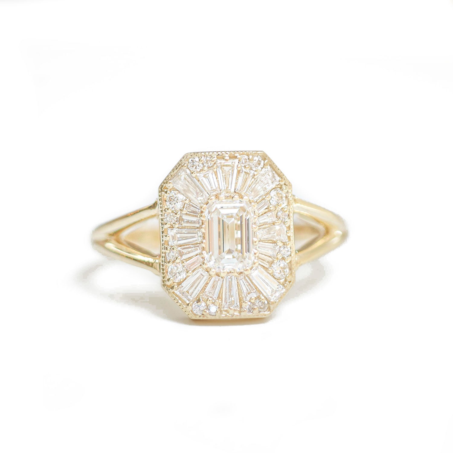 Custom Split Shank Emerald Ballerina Diamond Mosaic Ring