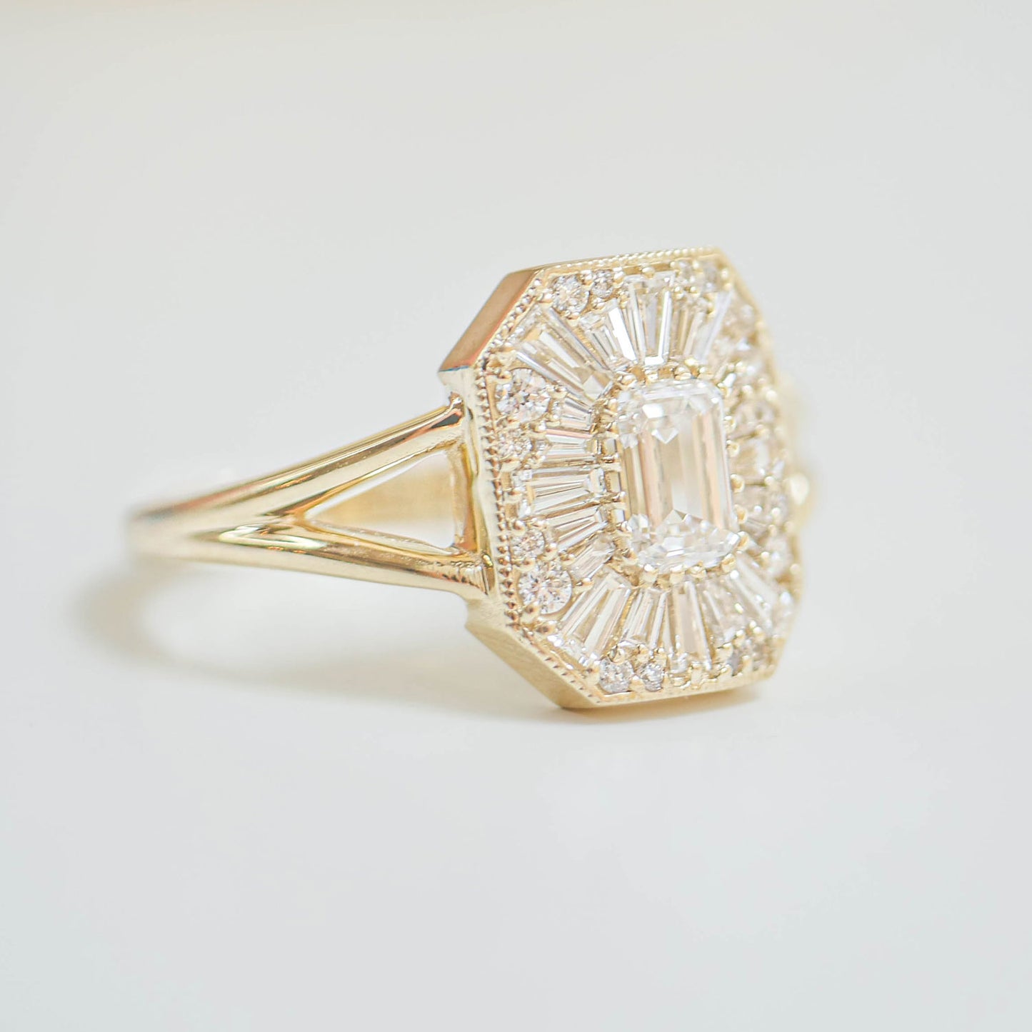 Custom Split Shank Emerald Ballerina Diamond Mosaic Ring