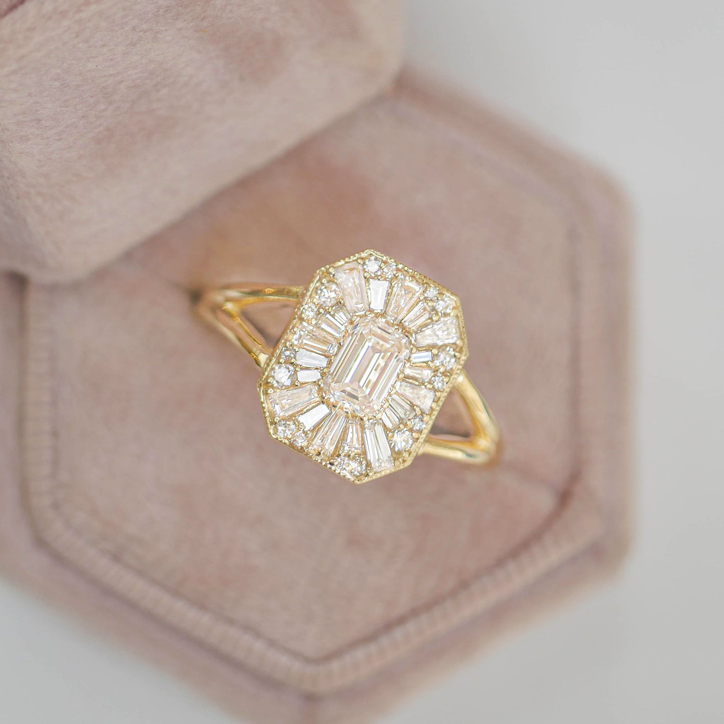 Custom Split Shank Emerald Ballerina Diamond Mosaic Ring