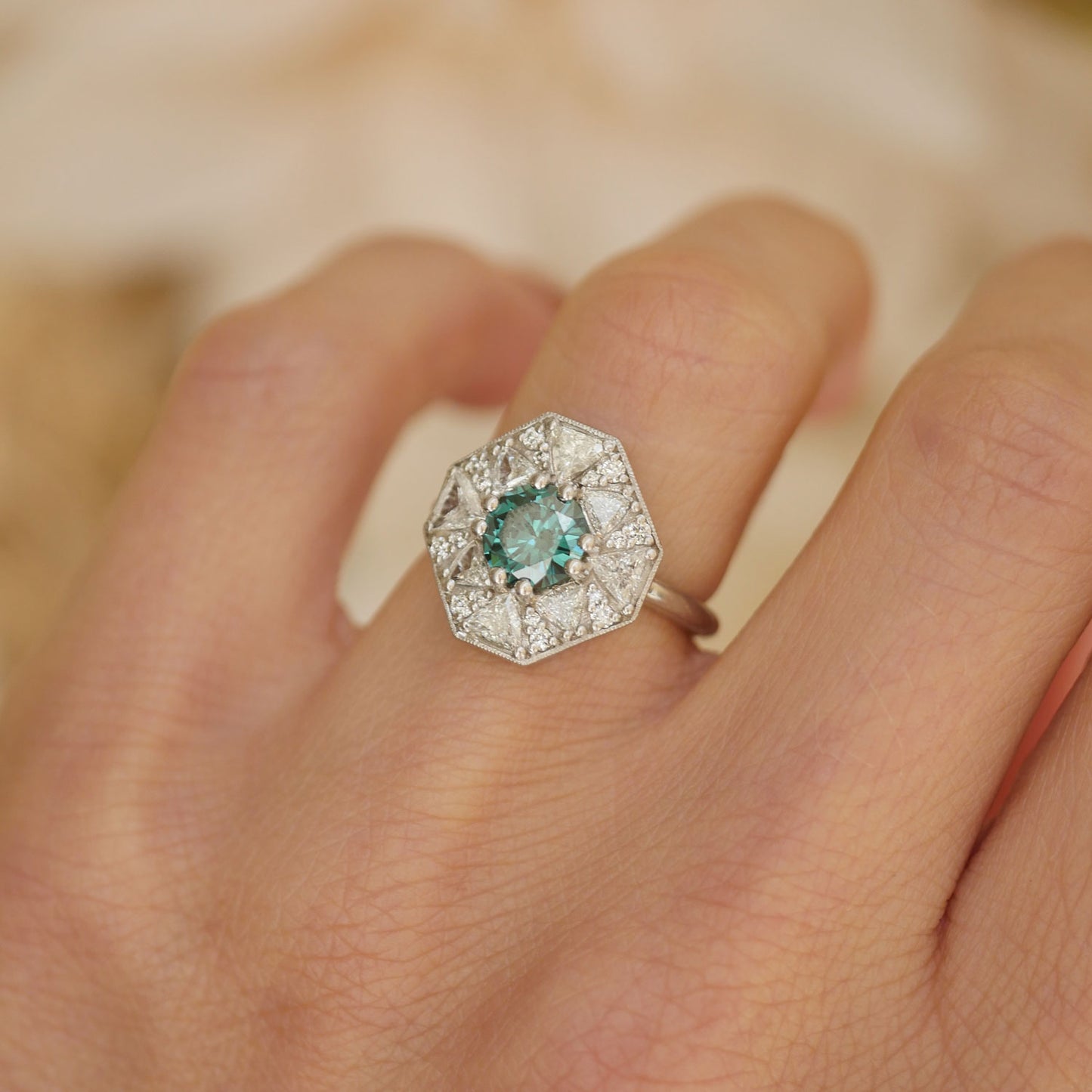 Custom Blue Diamond Octagon Shape Trillion & Diamond Mosaic Ring