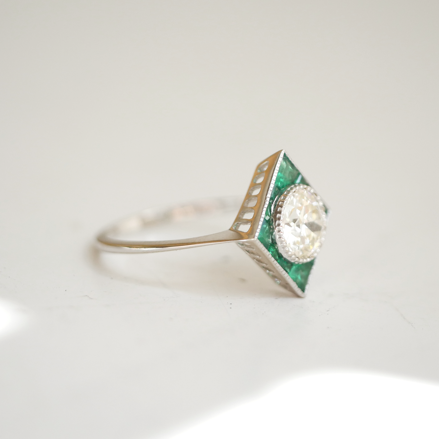 Art Deco Calibre Cut Emerald & Old European Cut Diamond Ring