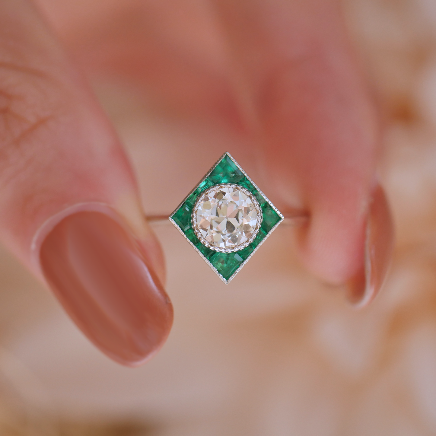 Art Deco Calibre Cut Emerald & Old European Cut Diamond Ring