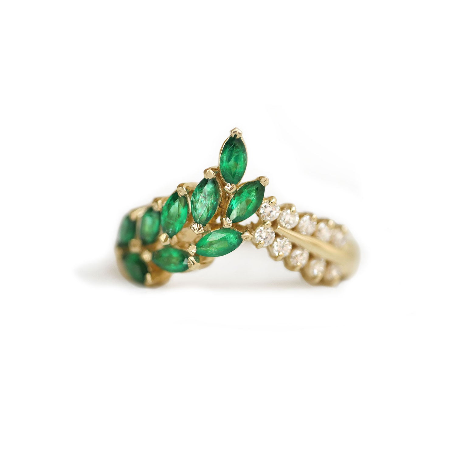 Custom Emerald & Diamond Leaf Ring