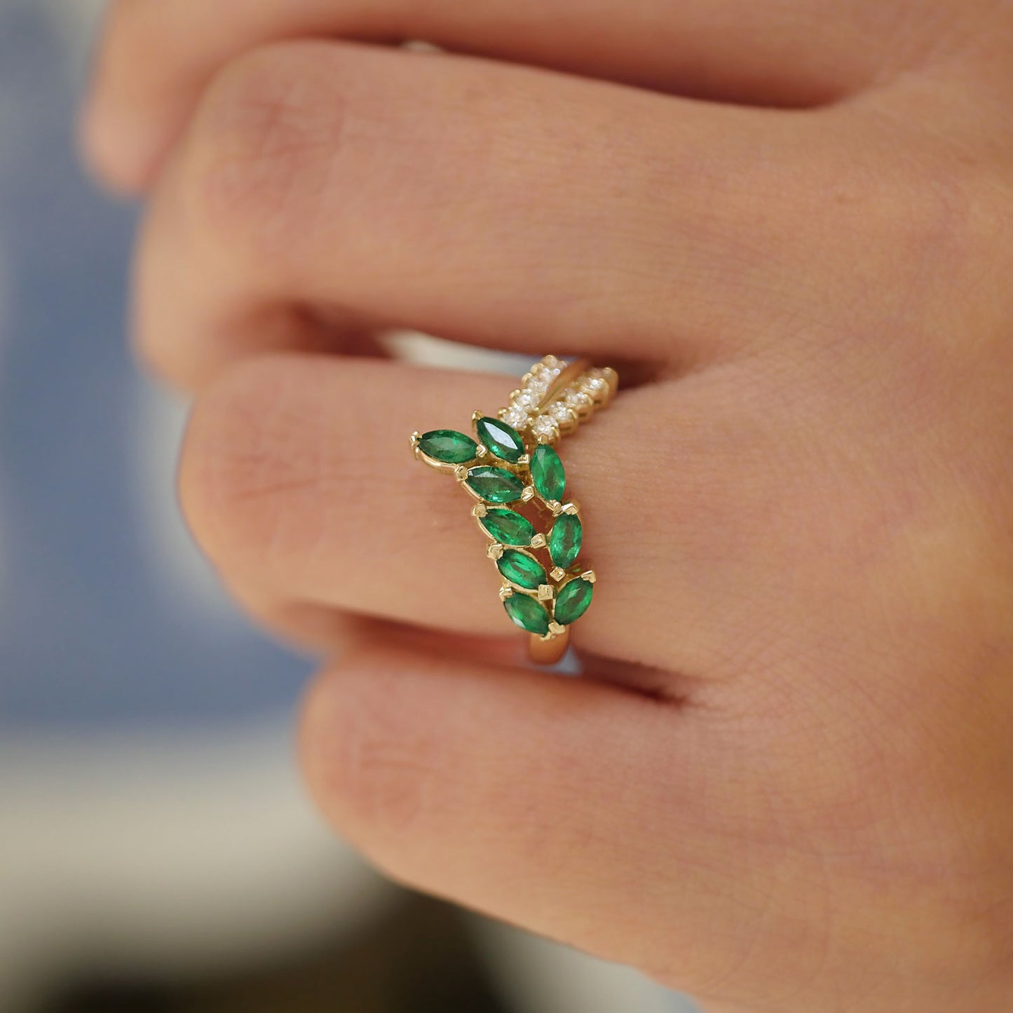 Custom Emerald & Diamond Leaf Ring