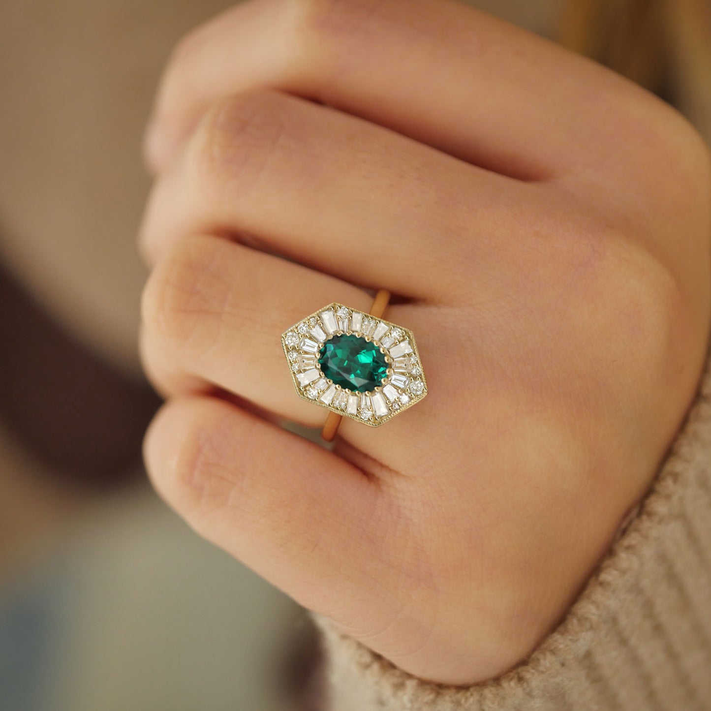 Custom Elongated Hexagon Oval Emerald Ballerina Diamond Mosaic Ring