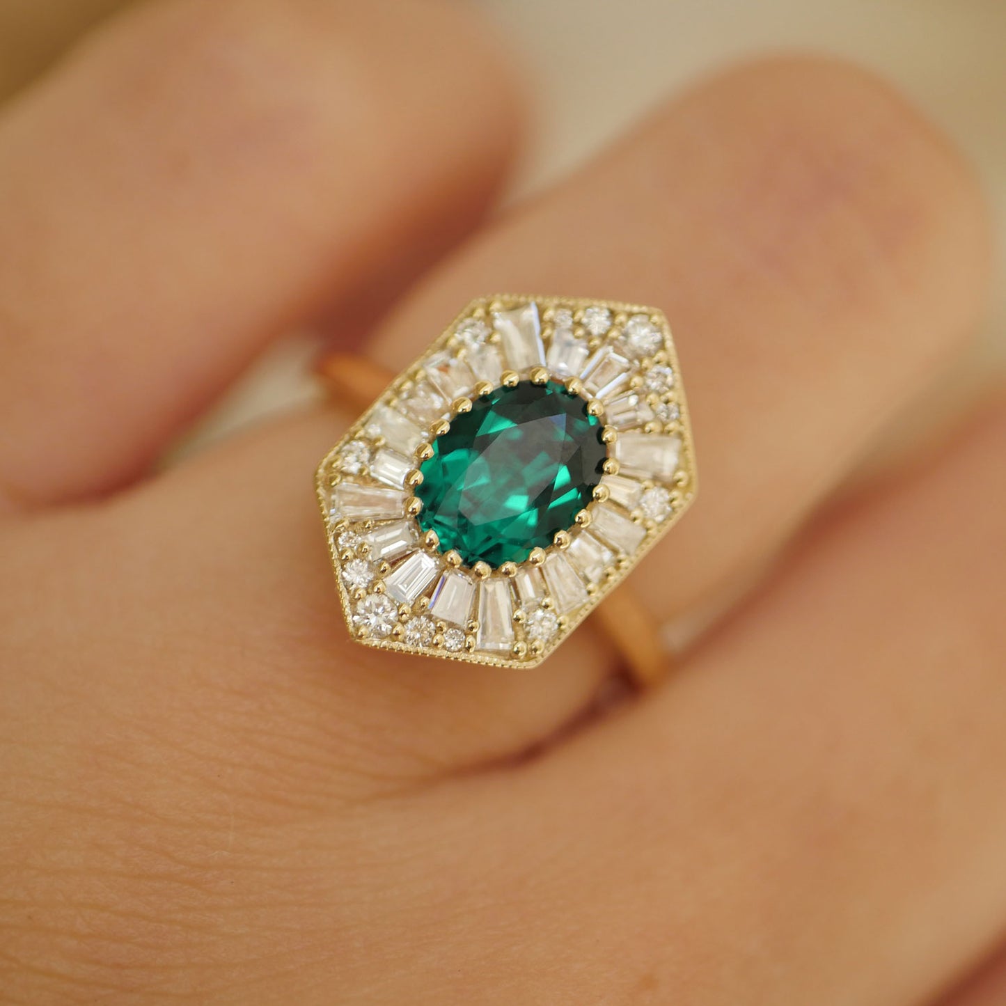 Custom Elongated Hexagon Oval Emerald Ballerina Diamond Mosaic Ring