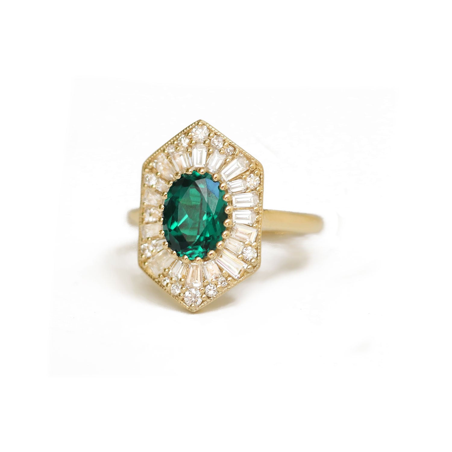 Custom Elongated Hexagon Oval Emerald Ballerina Diamond Mosaic Ring