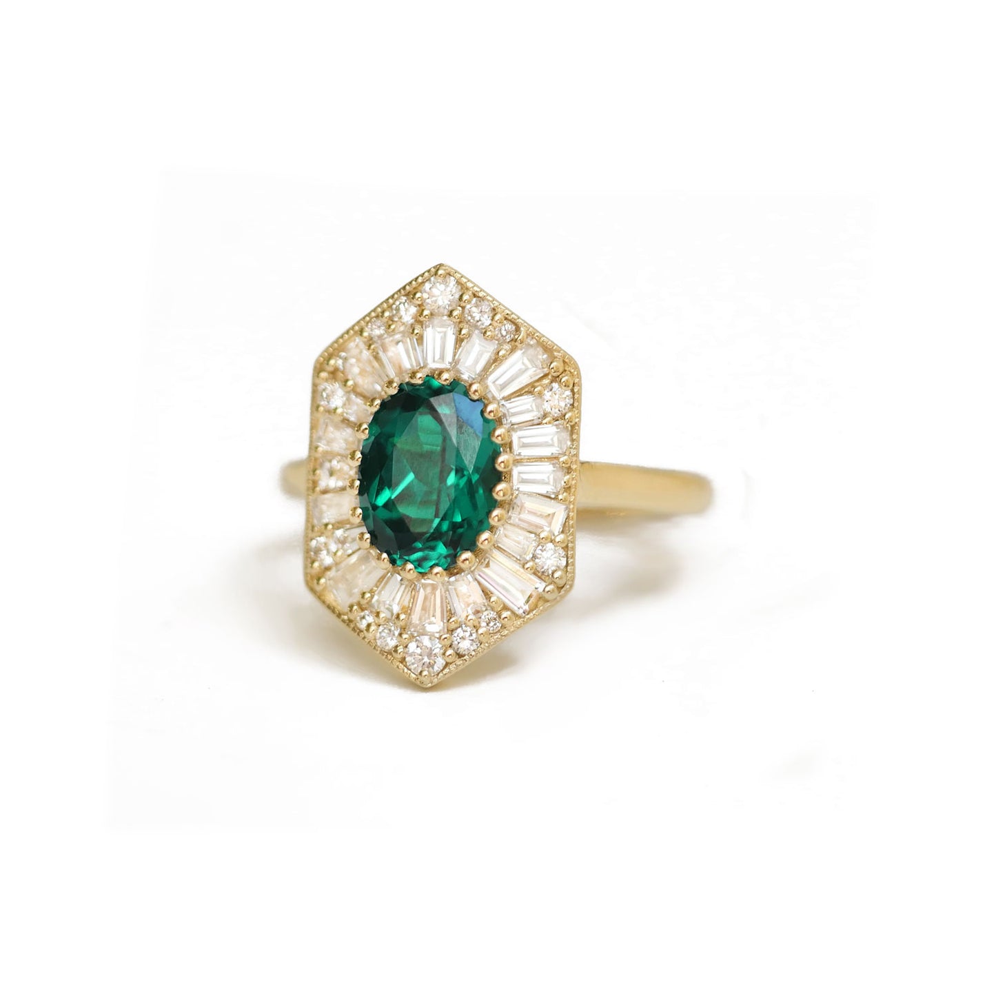 Custom Elongated Hexagon Oval Emerald Ballerina Diamond Mosaic Ring