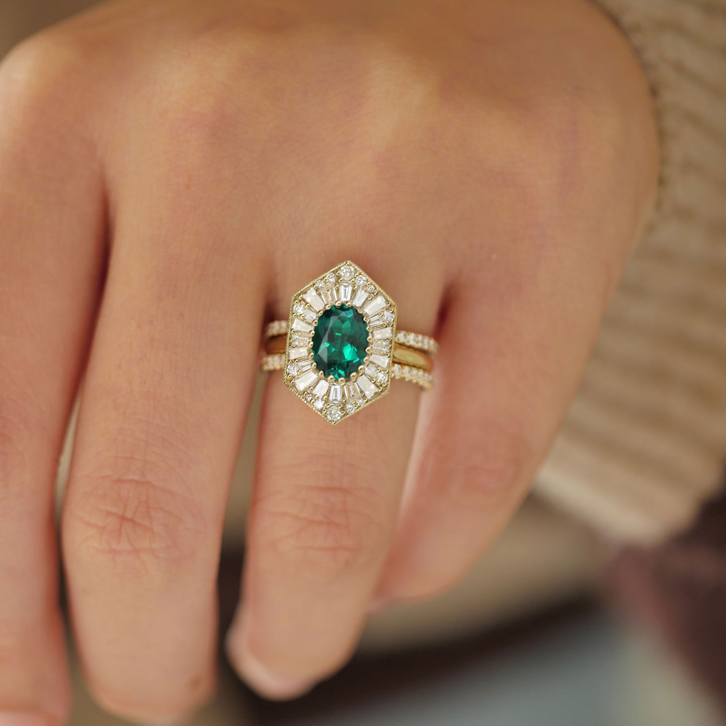 Custom Elongated Hexagon Oval Emerald Ballerina Diamond Mosaic Ring