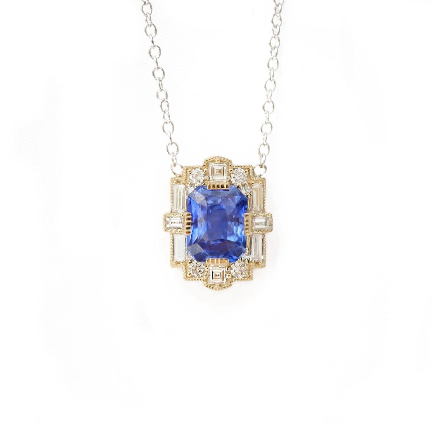 Deco Emerald Cut Sapphire Diamond Mosaic Pendant