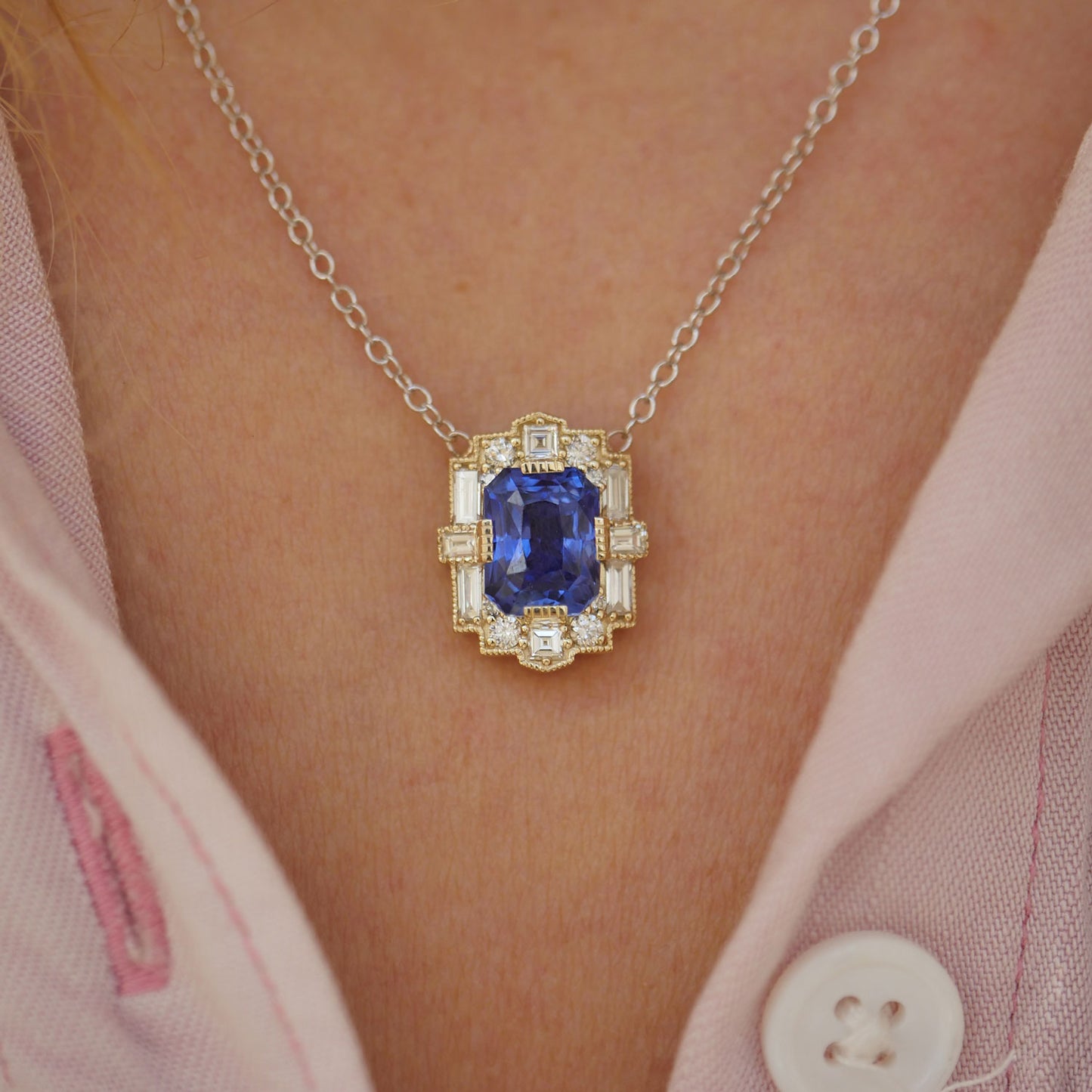 Deco Emerald Cut Sapphire Diamond Mosaic Pendant