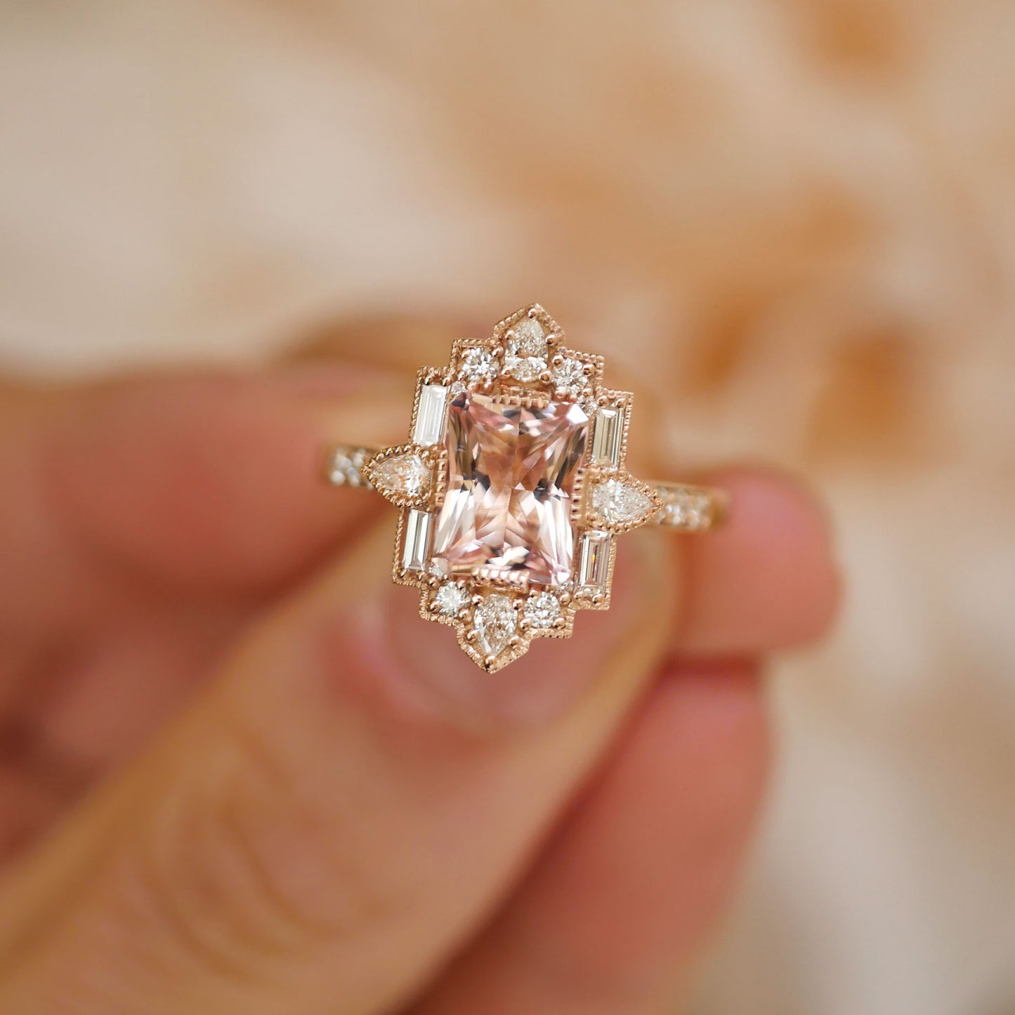 Deco Emerald & Pear Morganite Mosaic Ring