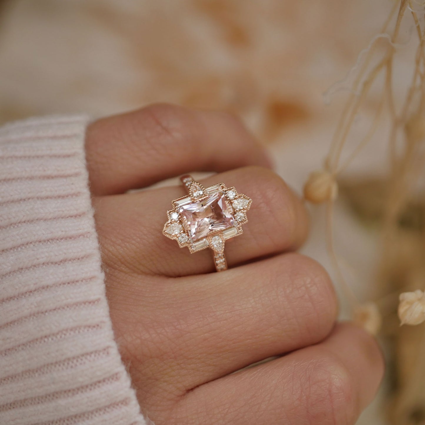 Deco Emerald & Pear Morganite Mosaic Ring