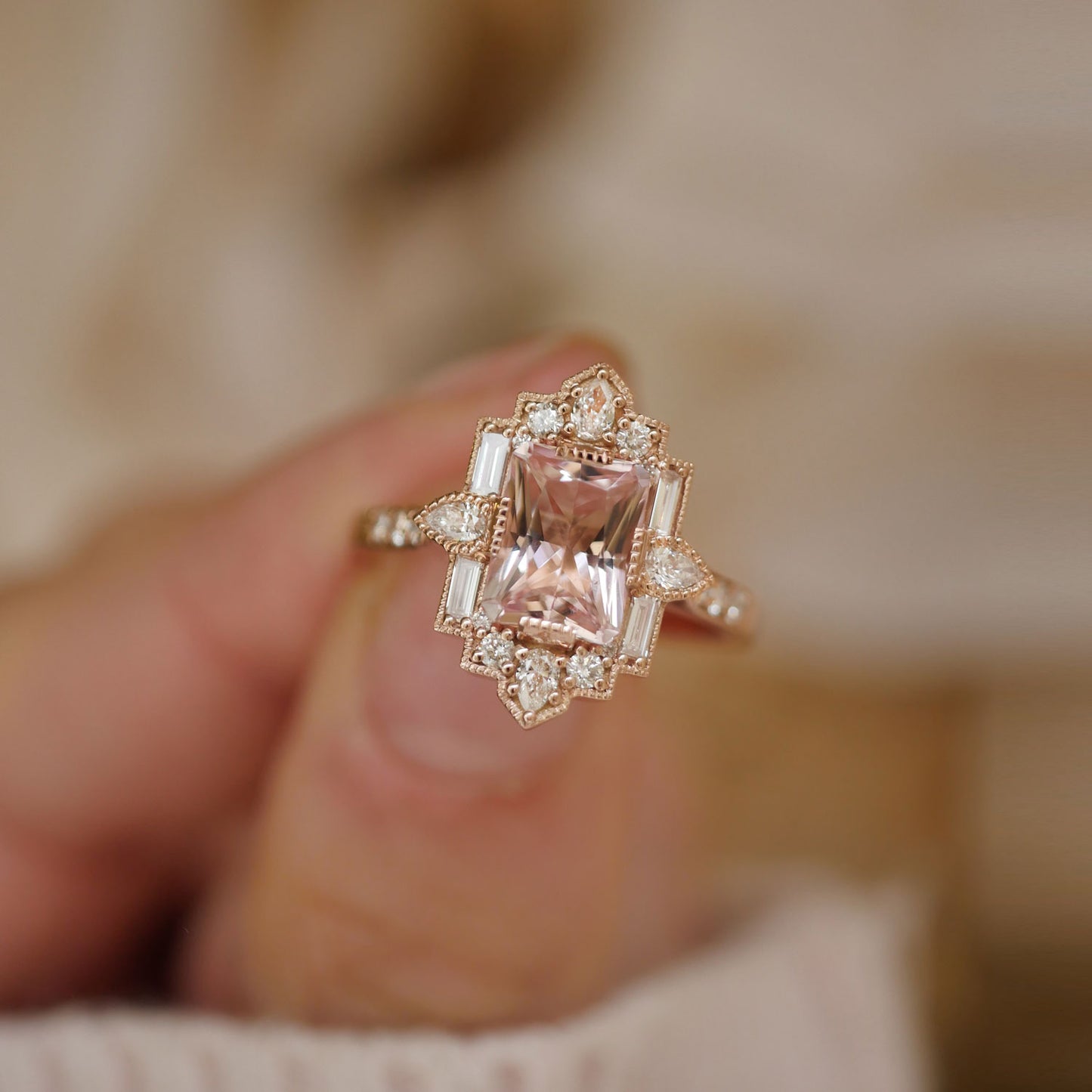 Deco Emerald & Pear Morganite Mosaic Ring