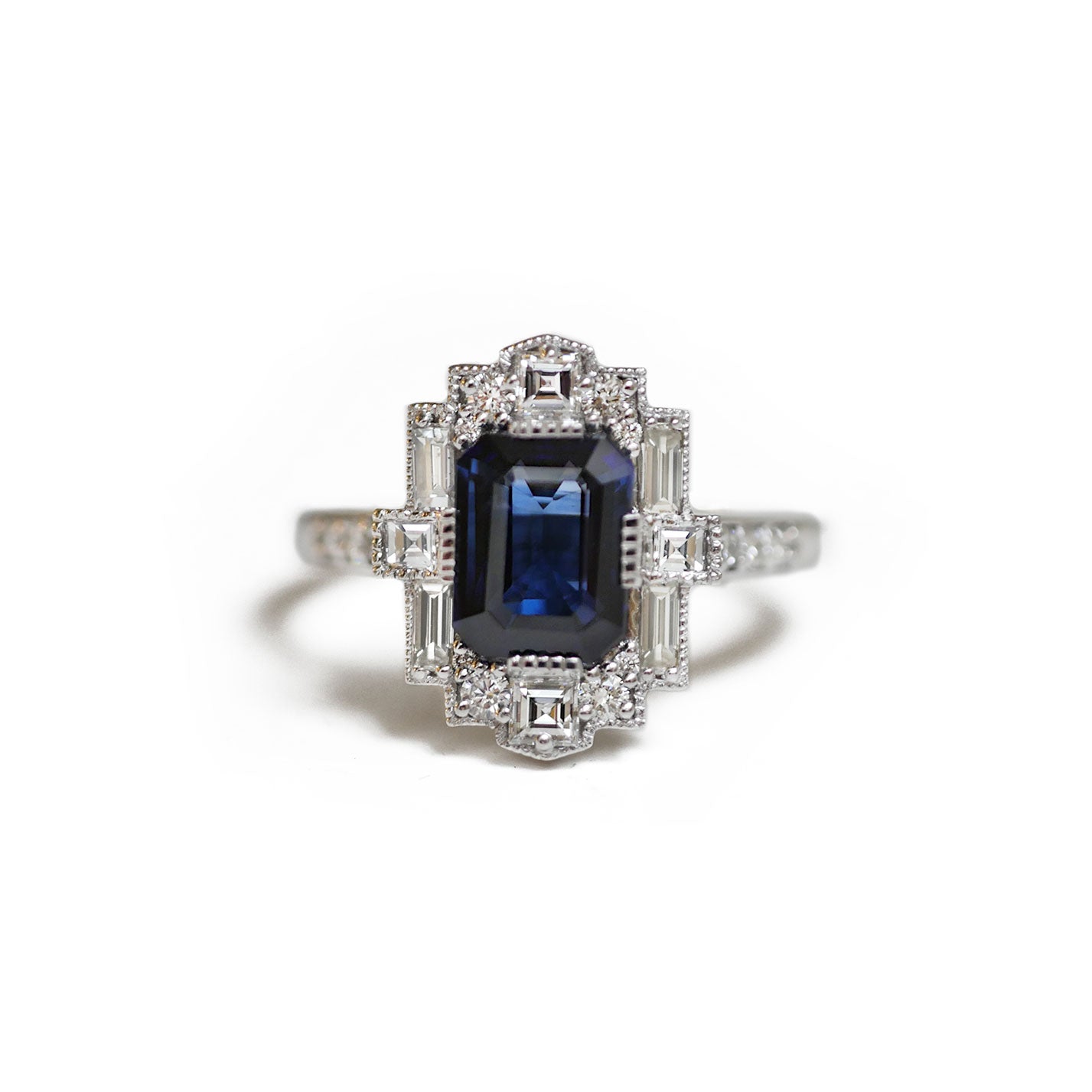 Custom Dark Blue Emerald Cut Sapphire Deco Halo Engagement Ring