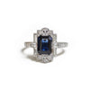 Custom Dark Blue Emerald Cut Sapphire Deco Halo Engagement Ring