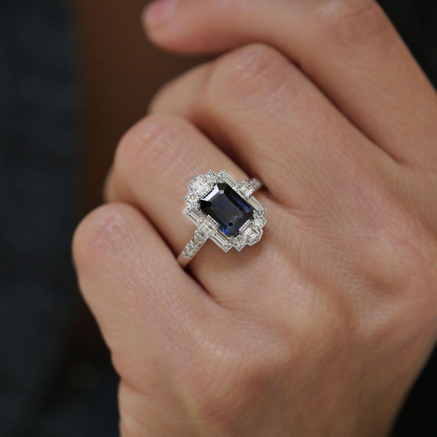 Custom Dark Blue Emerald Cut Sapphire Deco Halo Engagement Ring
