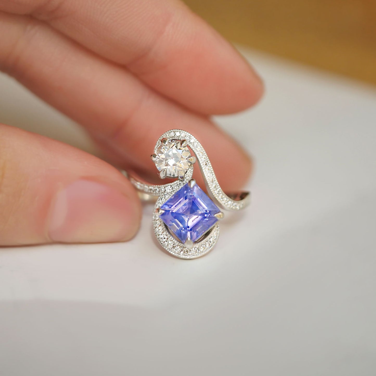 Custom Violet Sapphire & Diamond Toi et Moi Ring