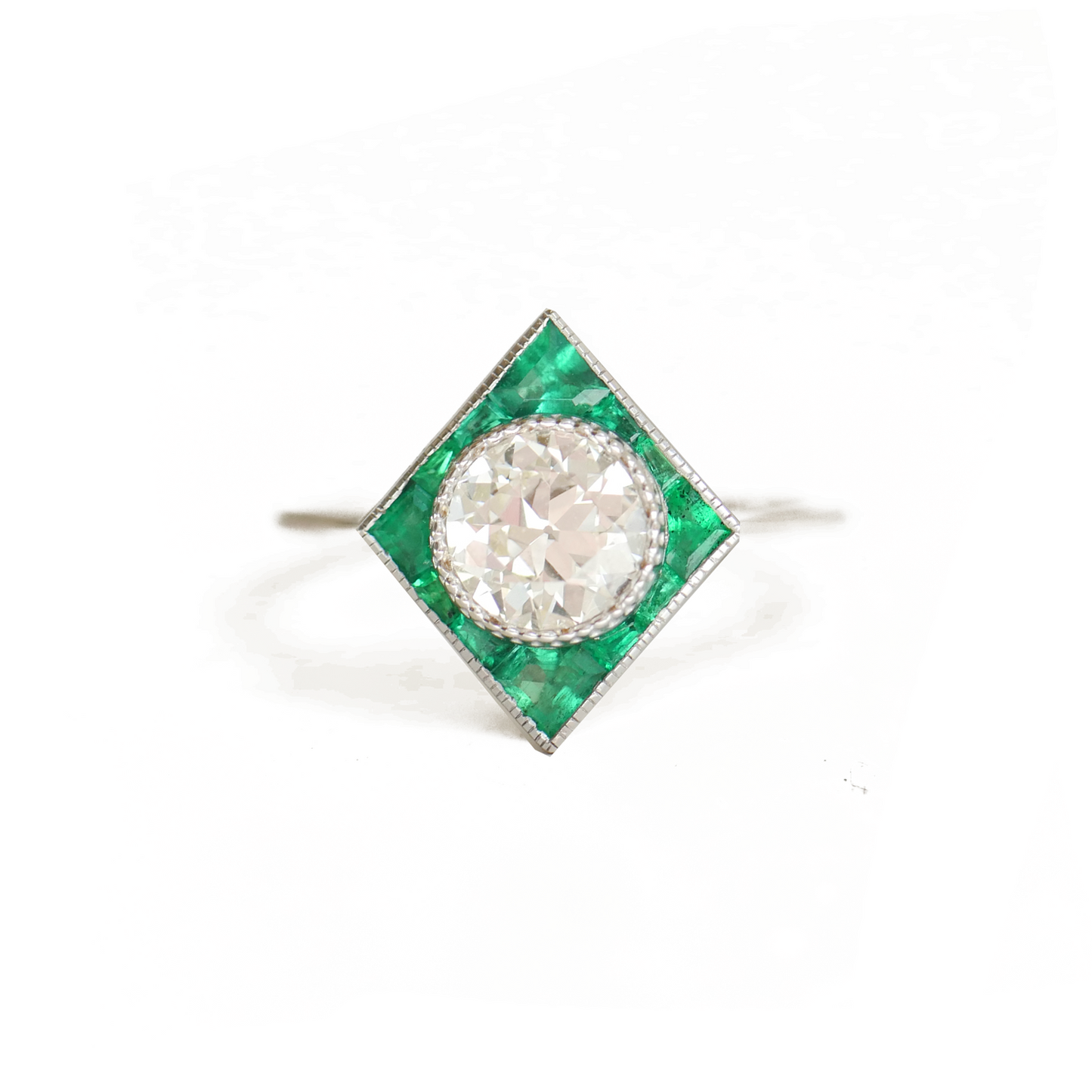 Art Deco Calibre Cut Emerald & Old European Cut Diamond Ring