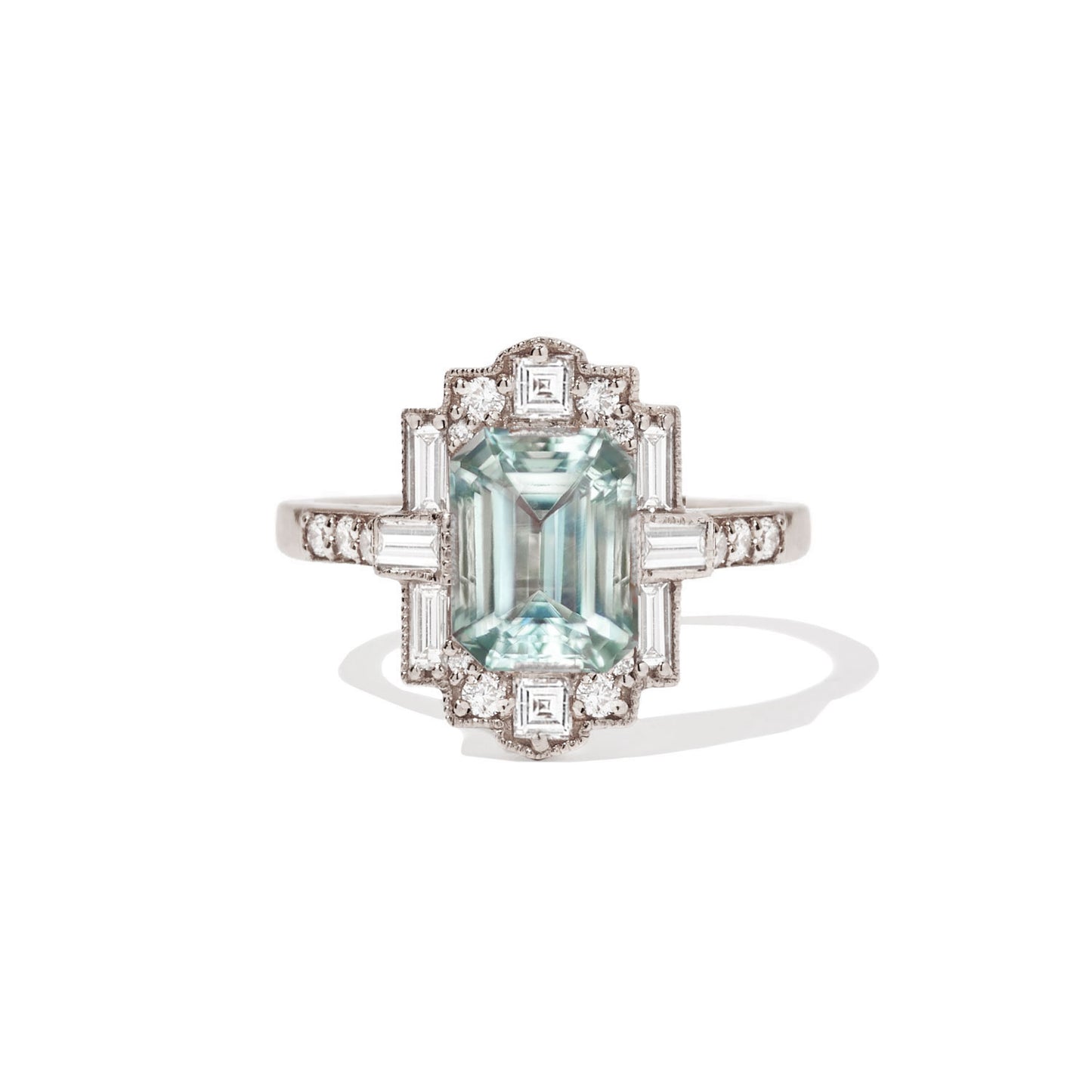 Deco Emerald Cut Aquamarine Diamond Mosaic Ring